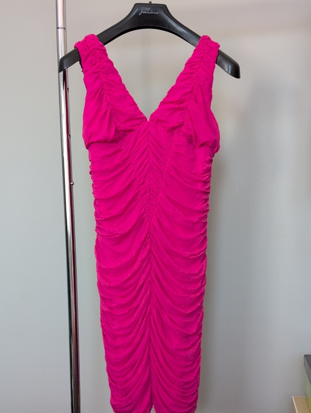 bebe Vibrant Fuchsia Ruched Midi Dress